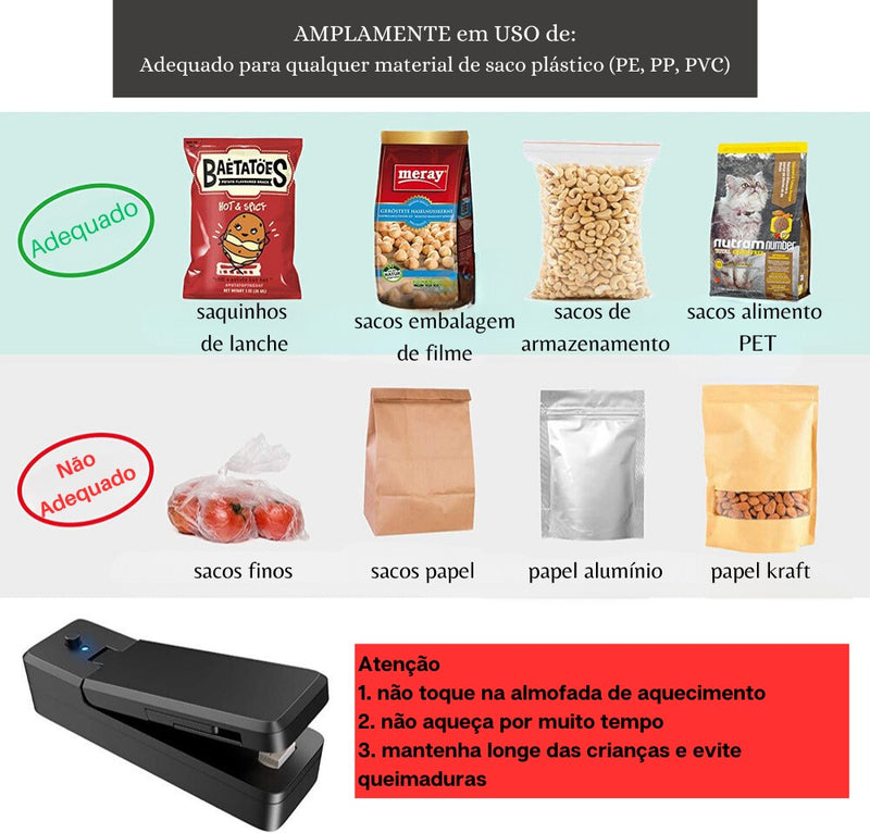 Mini Selador Portátil para Embalagem e Saco Plástico Carregável USB