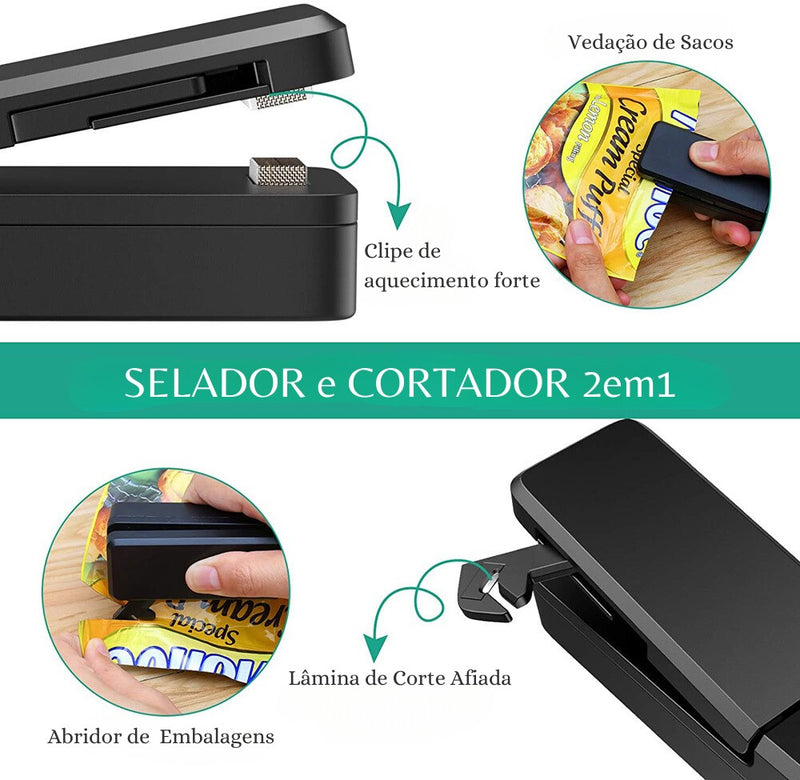 Mini Selador Portátil para Embalagem e Saco Plástico Carregável USB