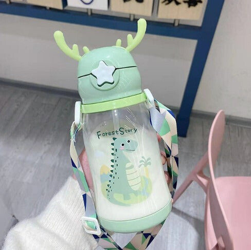 Garrafa Plástica 600ML, Desenhos Criativos e Divertidos, Ideal para Bebes e Crianças Pequenas, À Prova de Vazamentos e com Alça de Ombro