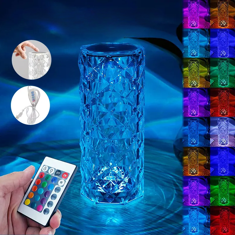 Luminária de Mesa LED tipo Cristal, USB Recarregável, Touch Night Light, Regulável, Romântico, Diamante, uso Quarto, Sala