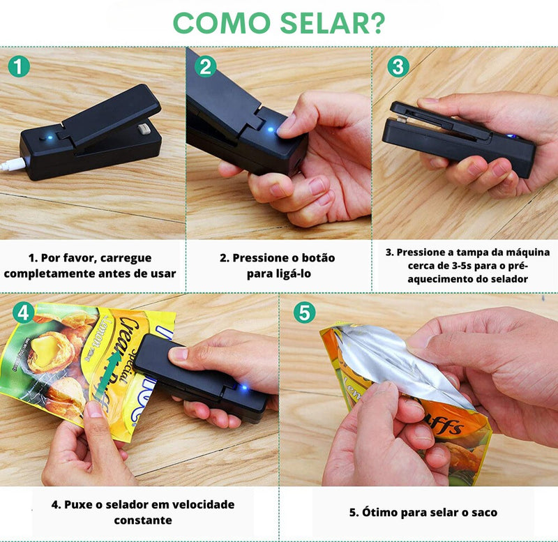 Mini Selador Portátil para Embalagem e Saco Plástico Carregável USB