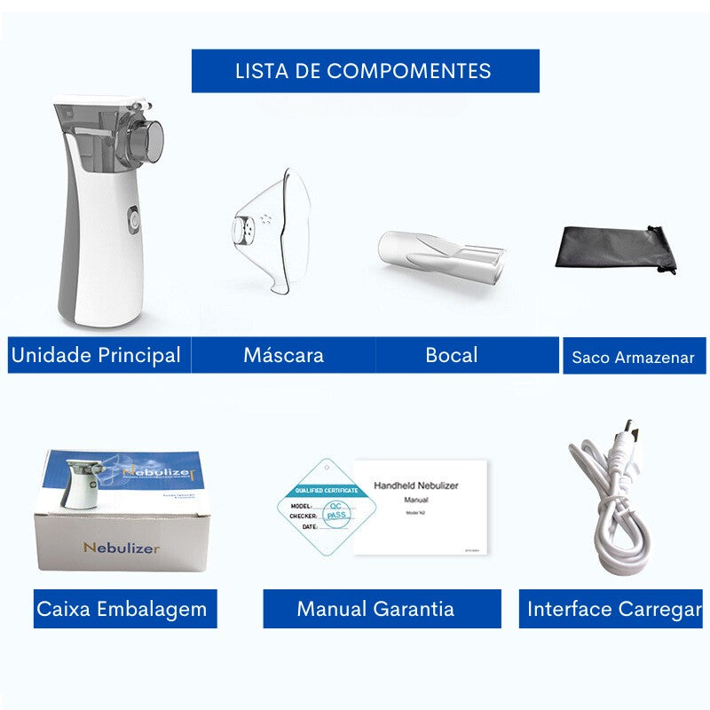 Nebulizador Médico para Inalação Oral e Nasal, Uso de Adultos e Crianças Uso Bateria, Sem Fio,  Carga Rápida Portátil e Tamanho Pequeno